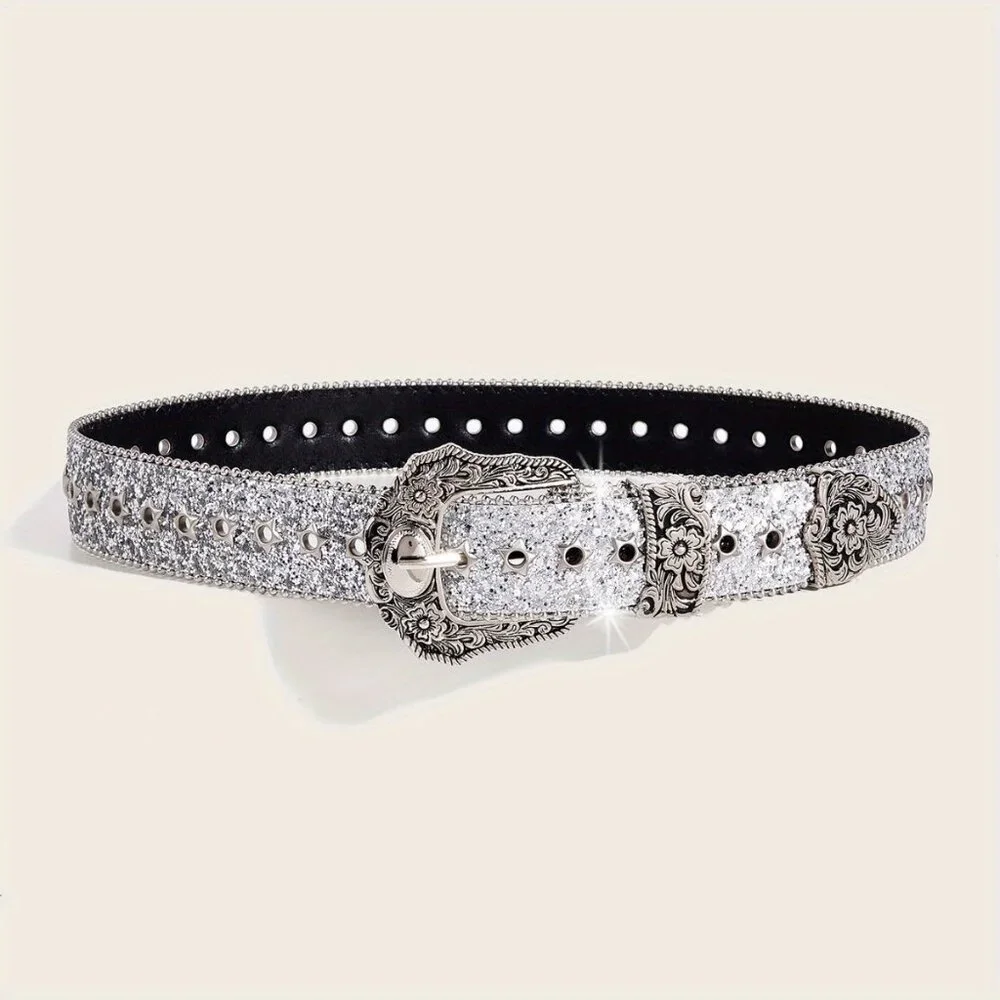 American Vintage Style, Rhinestone Decorat Eyelet Candy Color Y2K Belt Bling